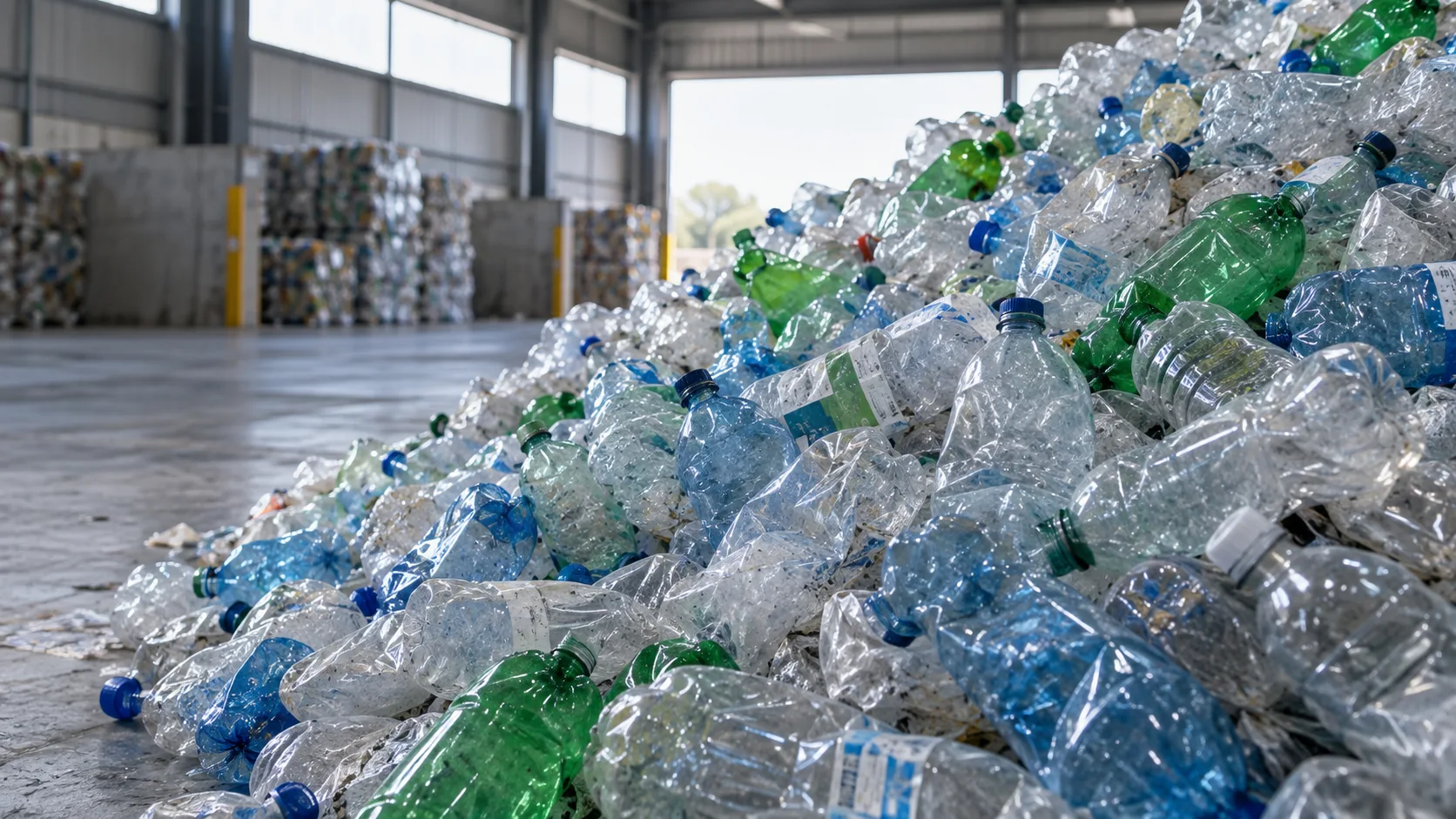 AI-generated concept image of used PET bottles; not a Rayli feedstock sample.