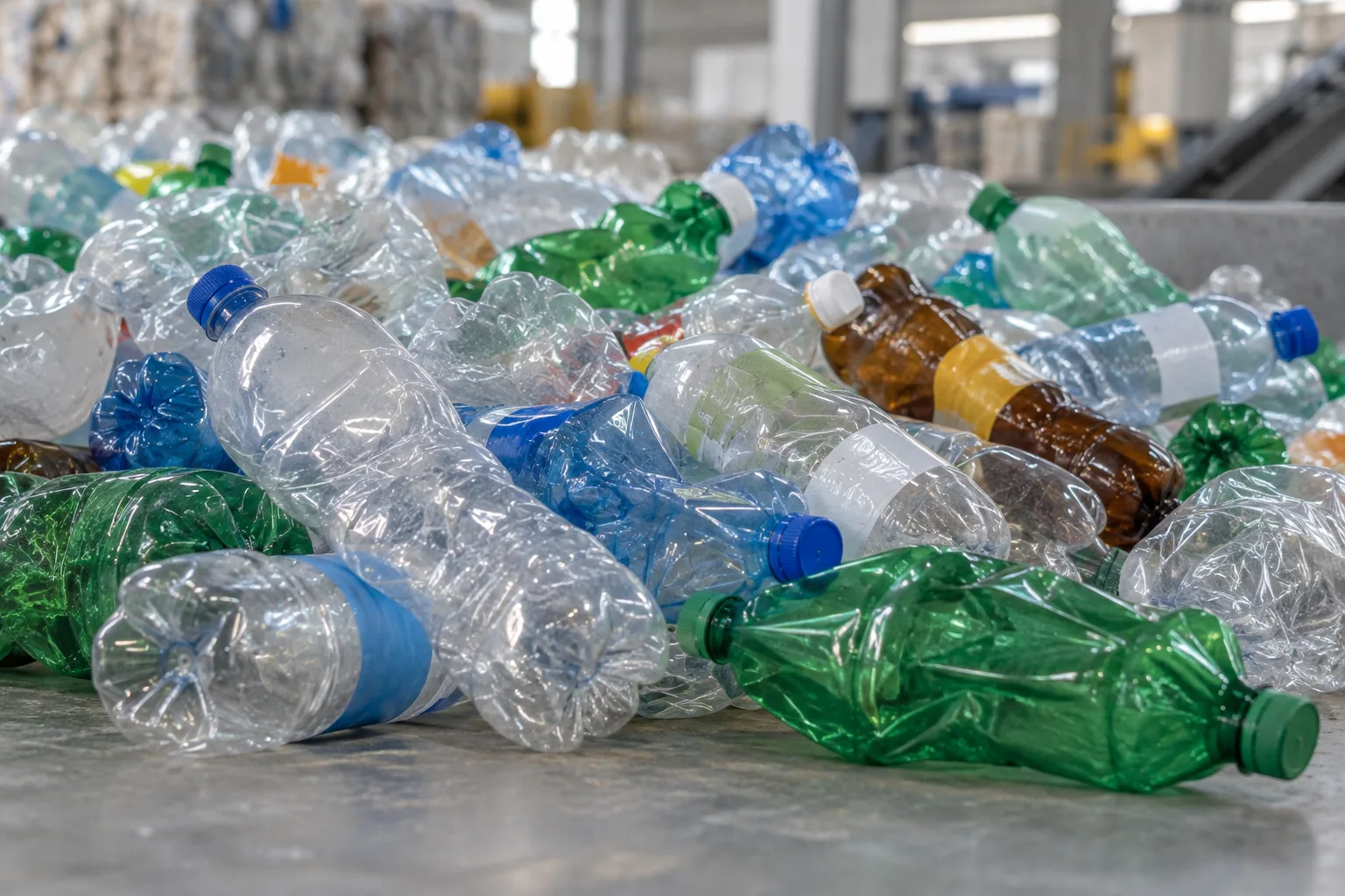 Loose PET bottles in clear, blue, green and amber colors with varied labels