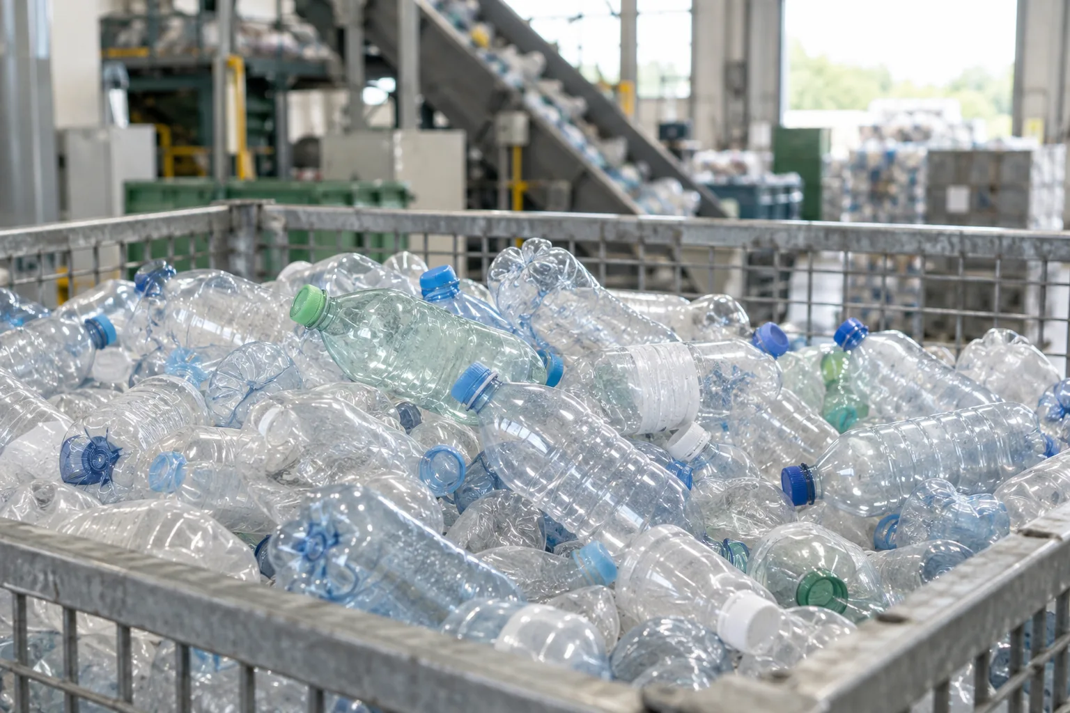 Mostly clear and pale blue PET bottles gathered separately in an industrial receiving container