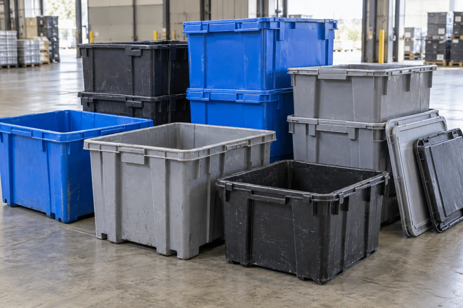 Scuffed gray, blue and black rigid plastic storage boxes and reusable containers