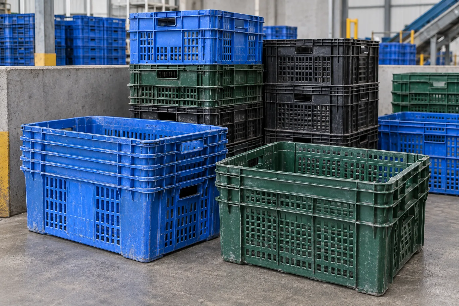 Used blue and green rigid plastic logistics crates and perforated produce baskets