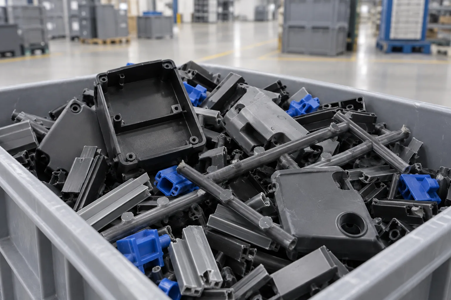Matte plastic production rejects, molded housings, runners and extrusion offcuts in a factory bin