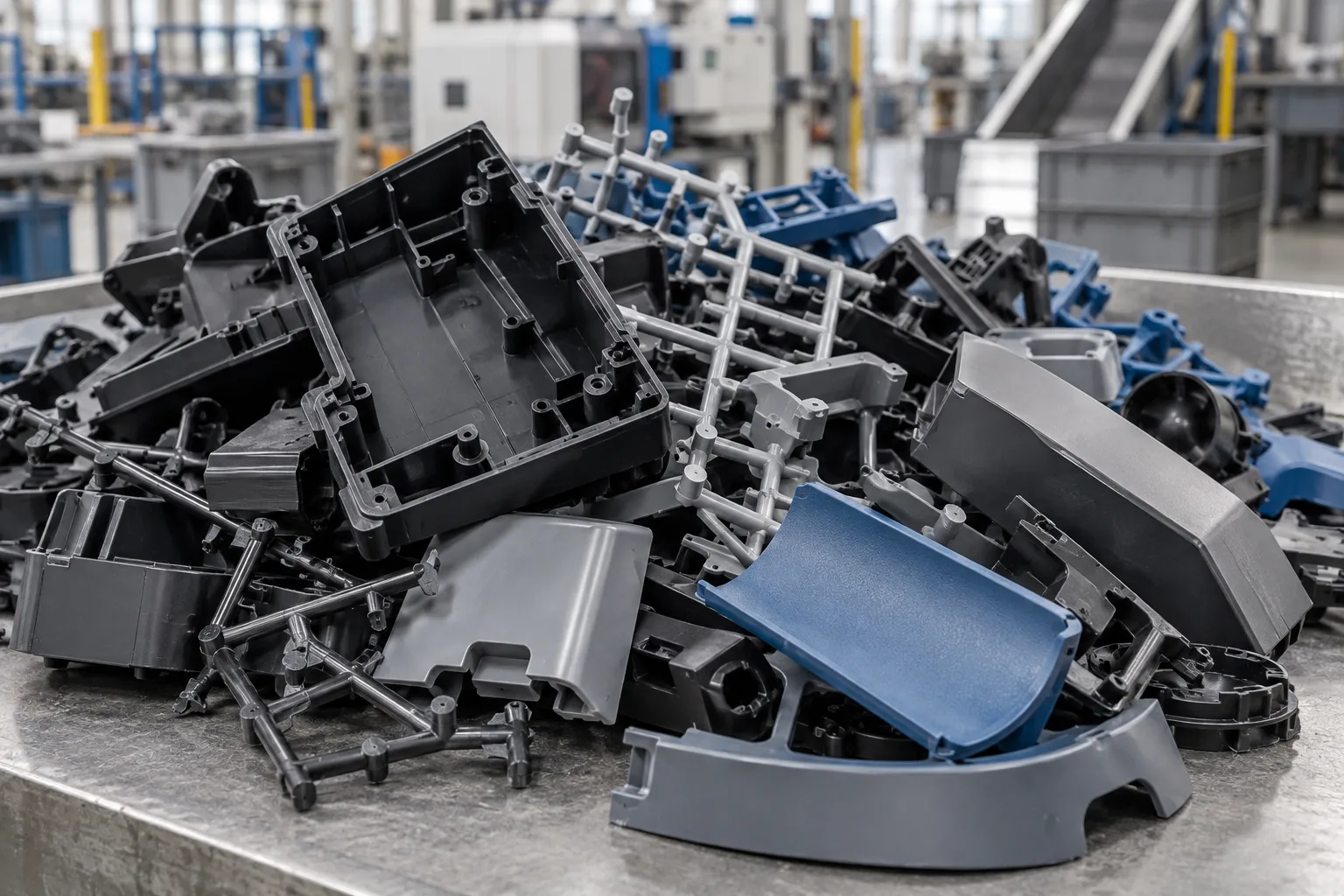 Black, gray and blue injection-molded production rejects and sprue runners