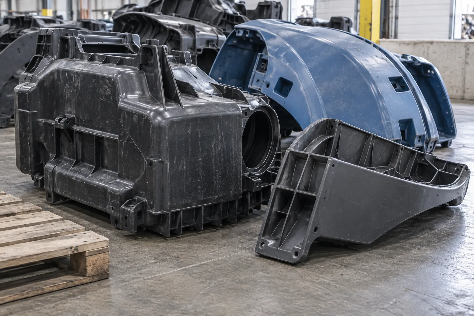 Bulky thick-walled rigid plastic housings and irregular molded components for material evaluation