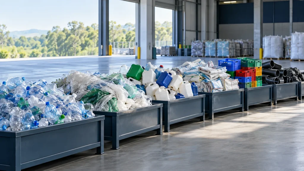 AI-generated illustrative plastic recycling material and equipment scene; not Rayli project evidence.