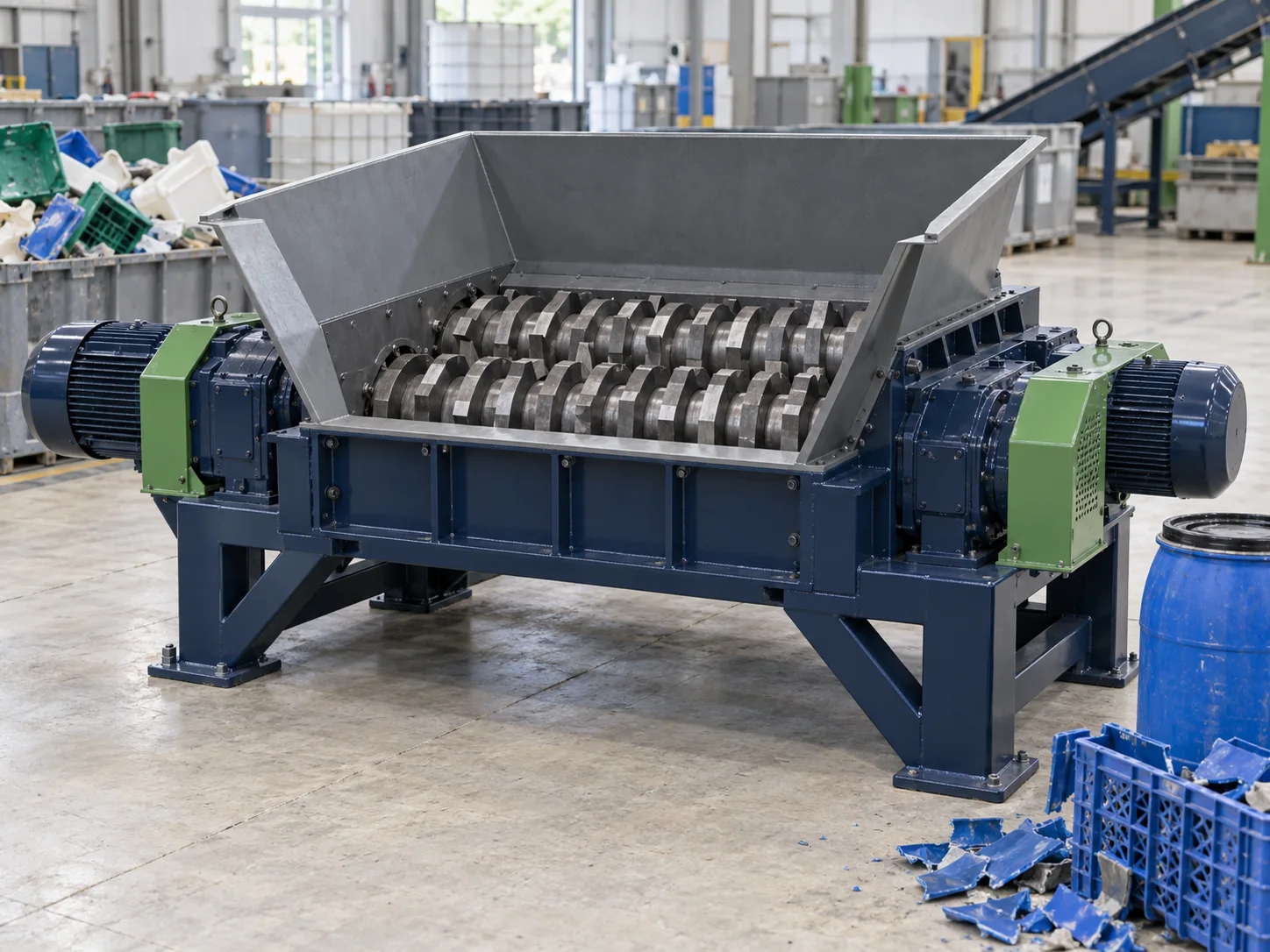 AI-generated concept image of a plastic shredder; not a verified Rayli machine model.