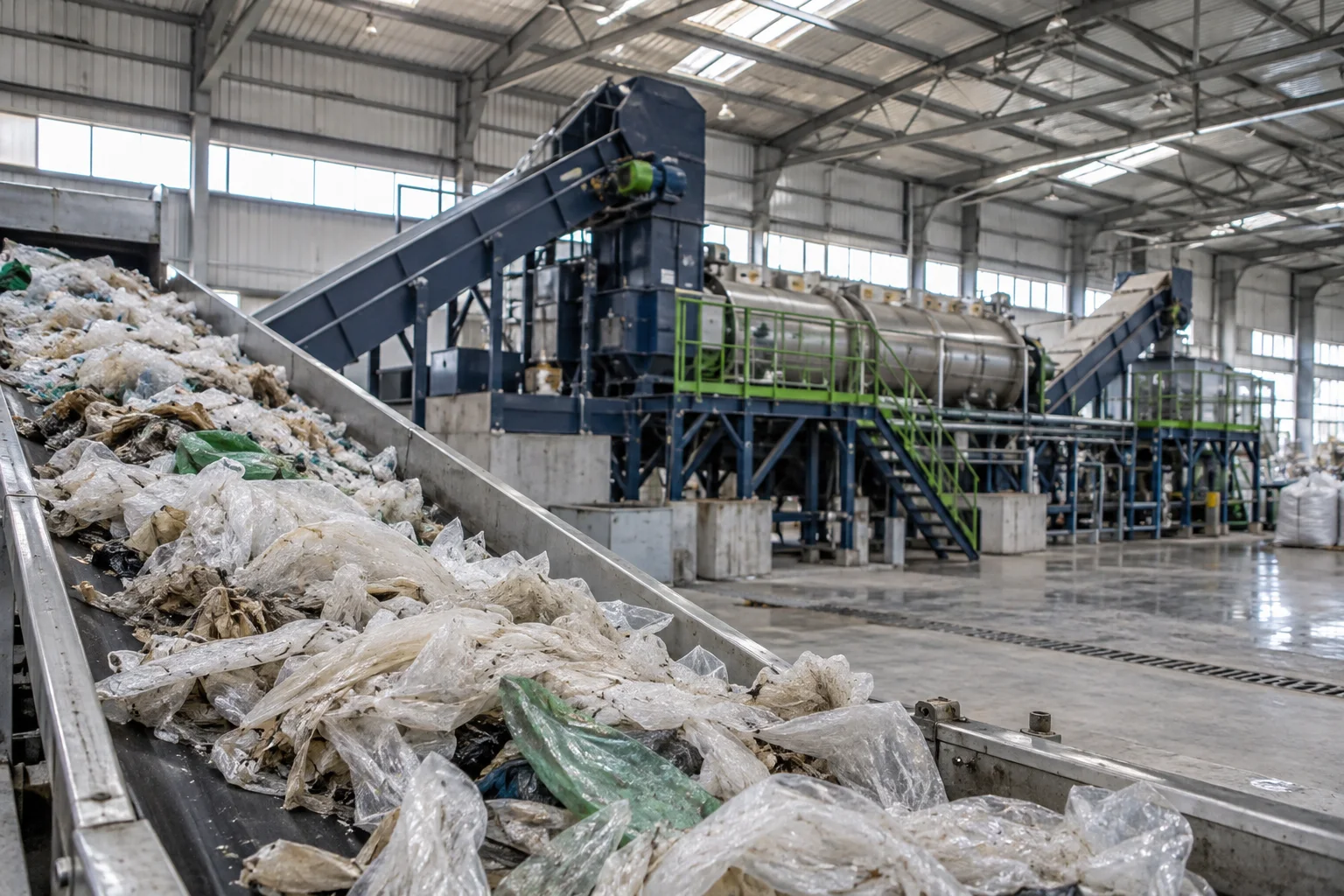 Illustrative concept image of plastic film feedstock and washing equipment; not a Rayli installation.