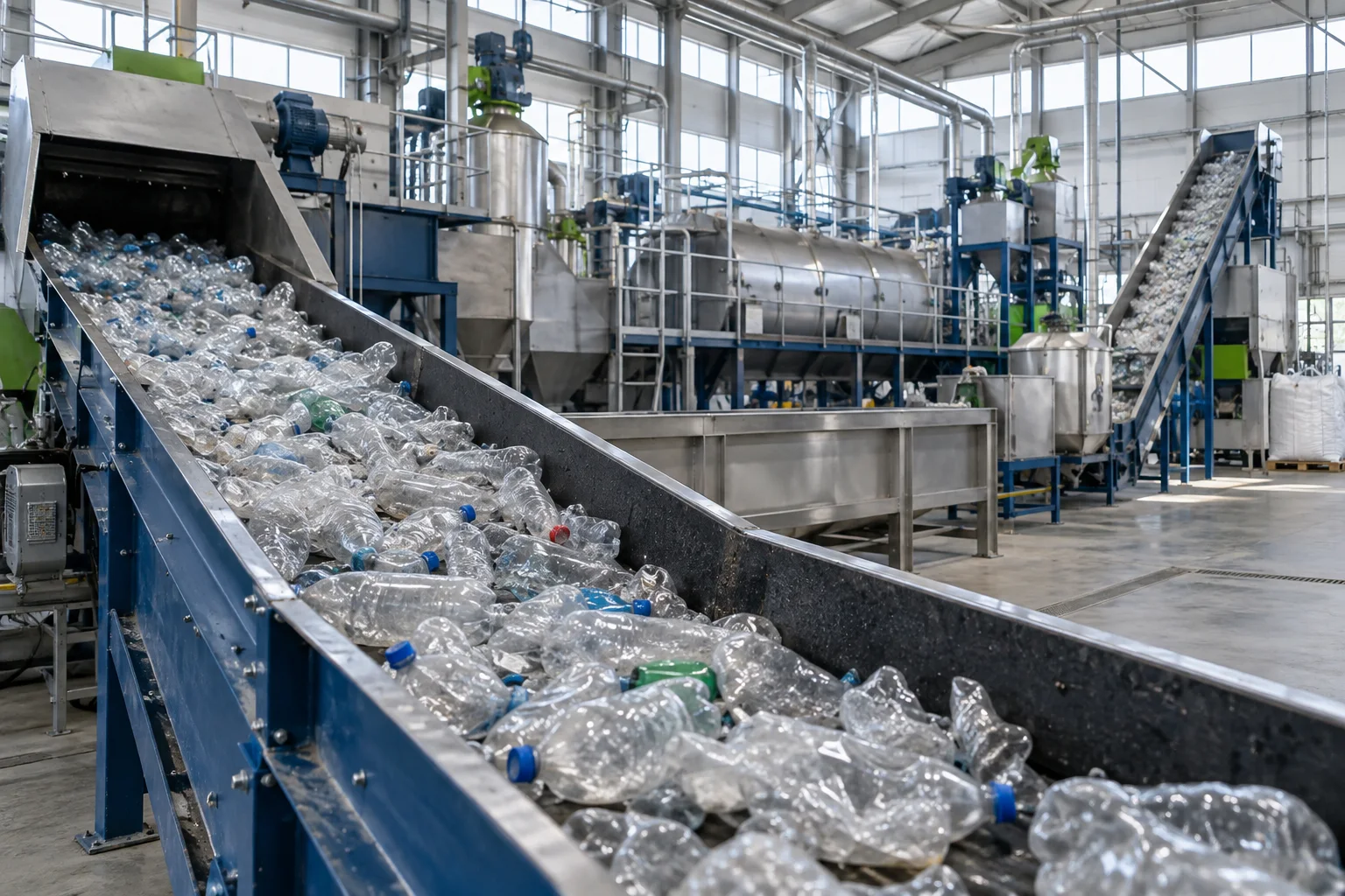 Illustrative concept image of PET bottles entering an industrial washing line; not a Rayli installation.