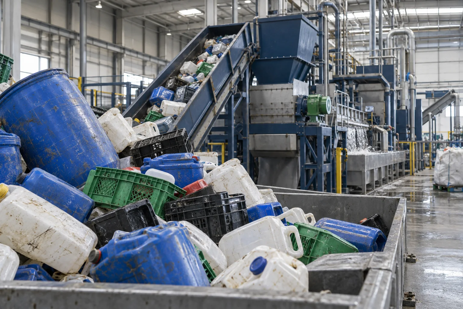 Illustrative concept image of HDPE drums and crates entering a recycling line; not a Rayli installation.