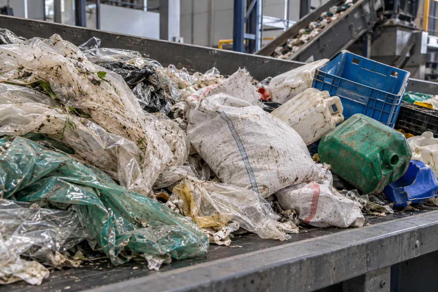 Illustrative incoming PE film, PP woven bags and rigid plastic waste before recycling; AI concept, not customer material.