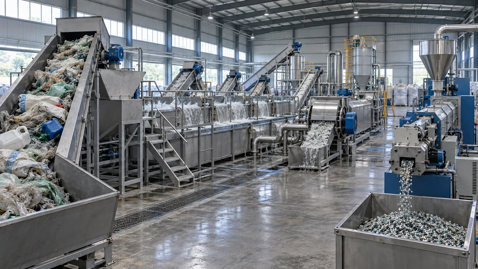 AI-generated concept of a plastic washing and pelletizing line; not a verified Rayli installation.