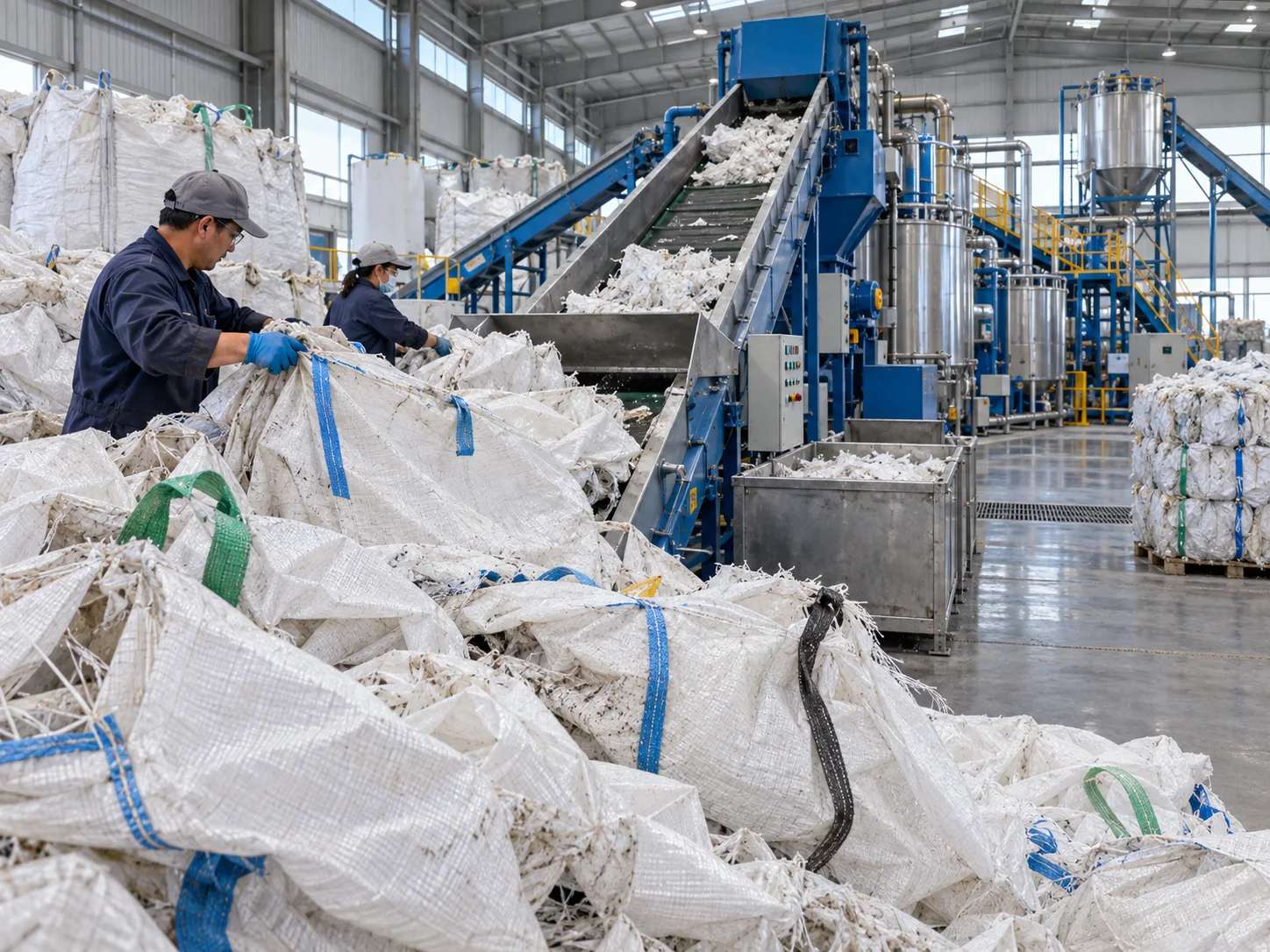 Illustrative polypropylene woven bags entering a recycling line; not a Rayli installation.