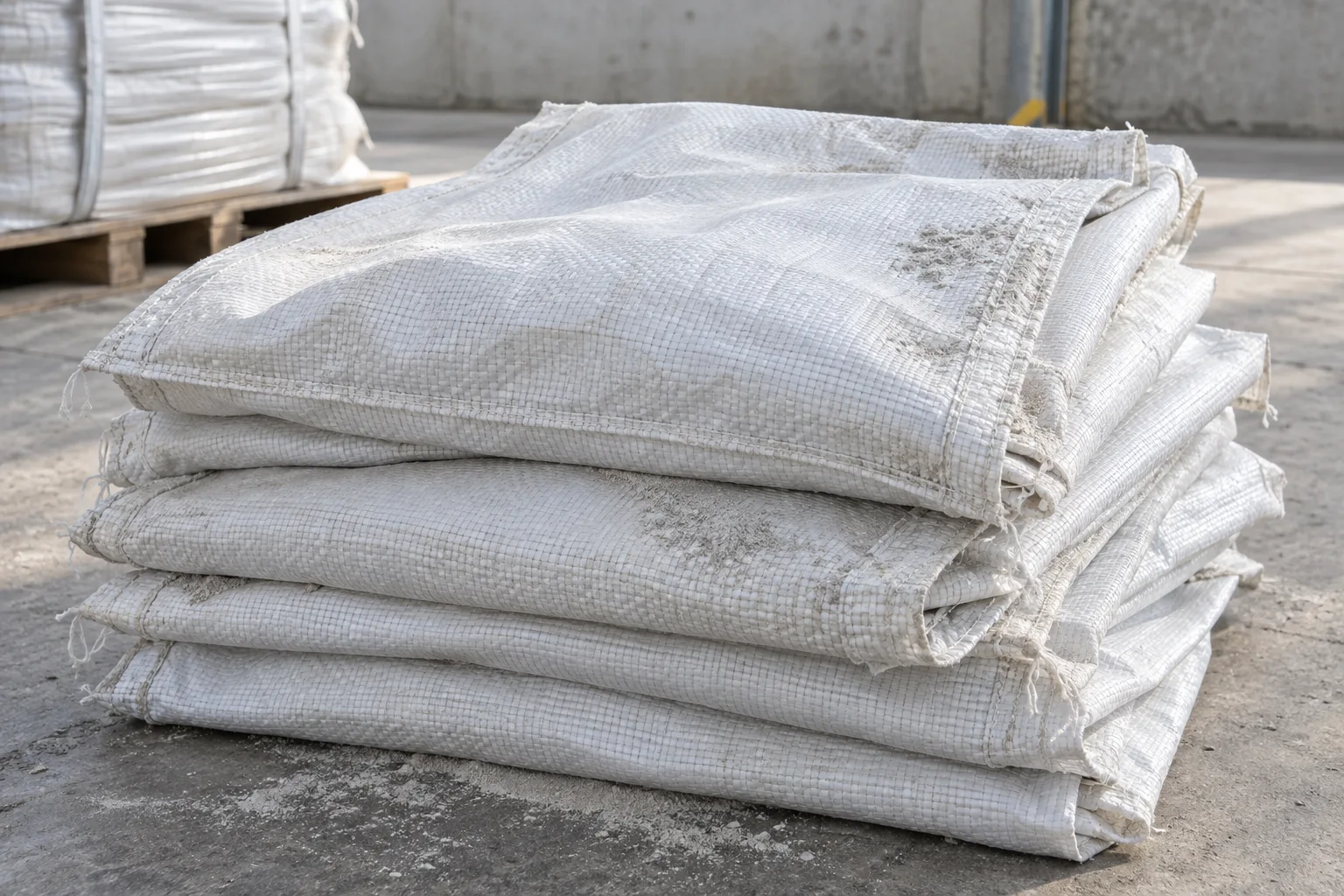 Used white woven PP cement and mineral sacks with light powder dust on seams