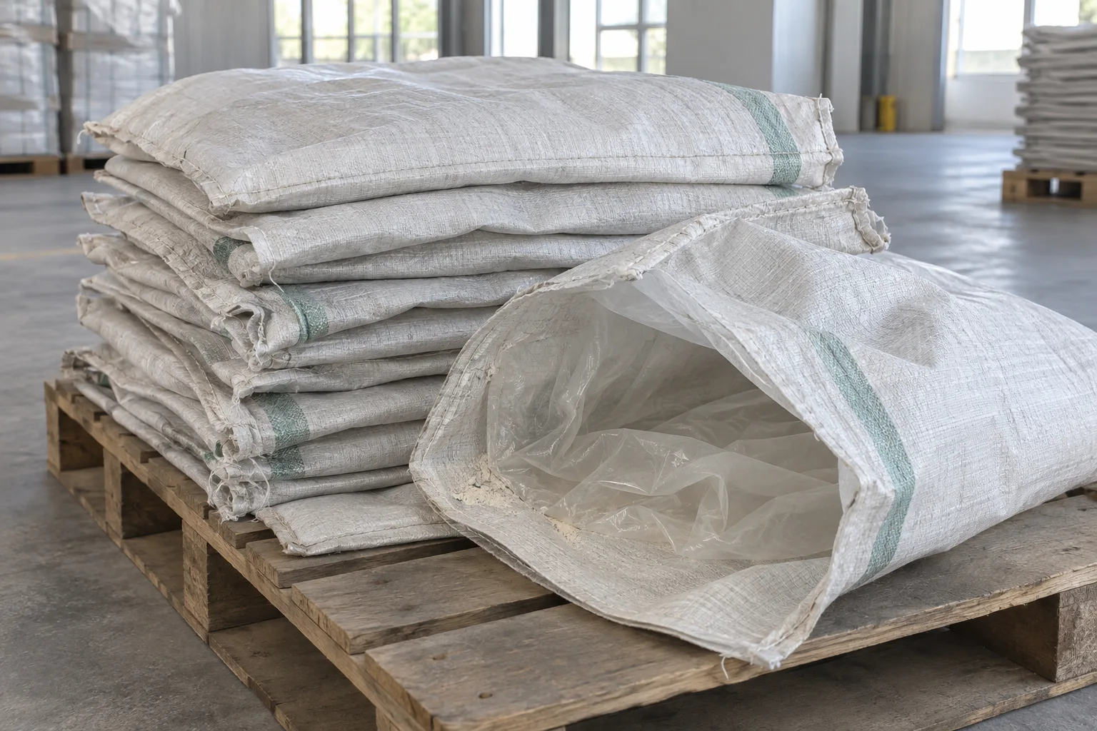 Used industrial PP woven packaging sacks with visible seams and a separate inner liner