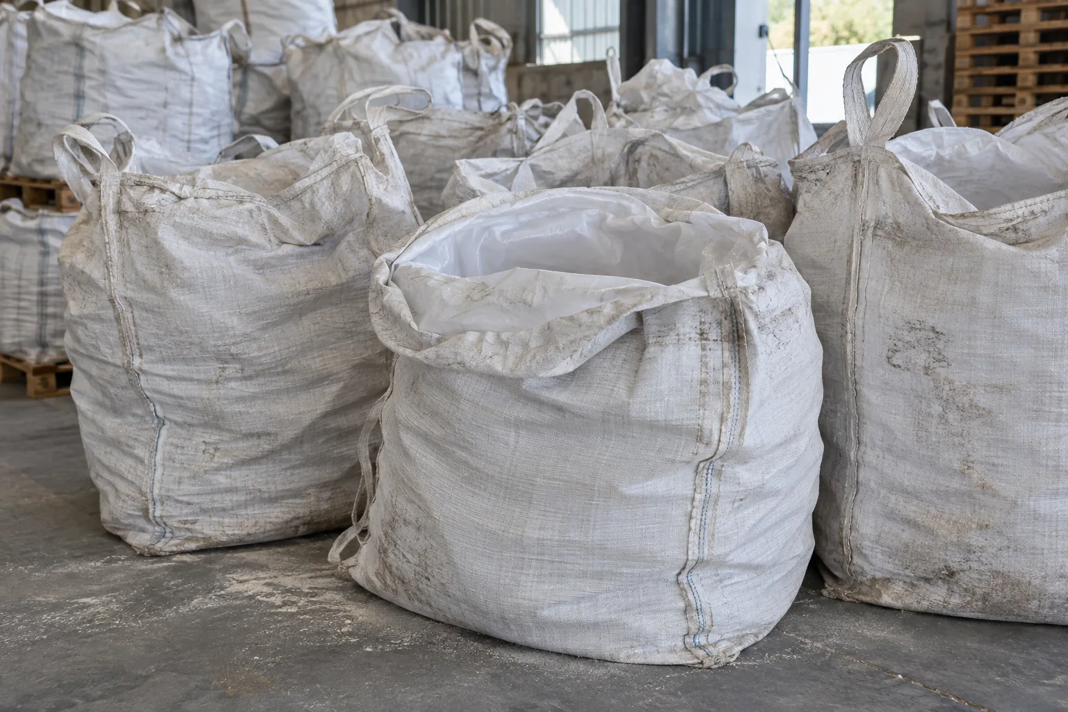 Large used FIBC jumbo bags with reinforced woven fabric and lifting loops