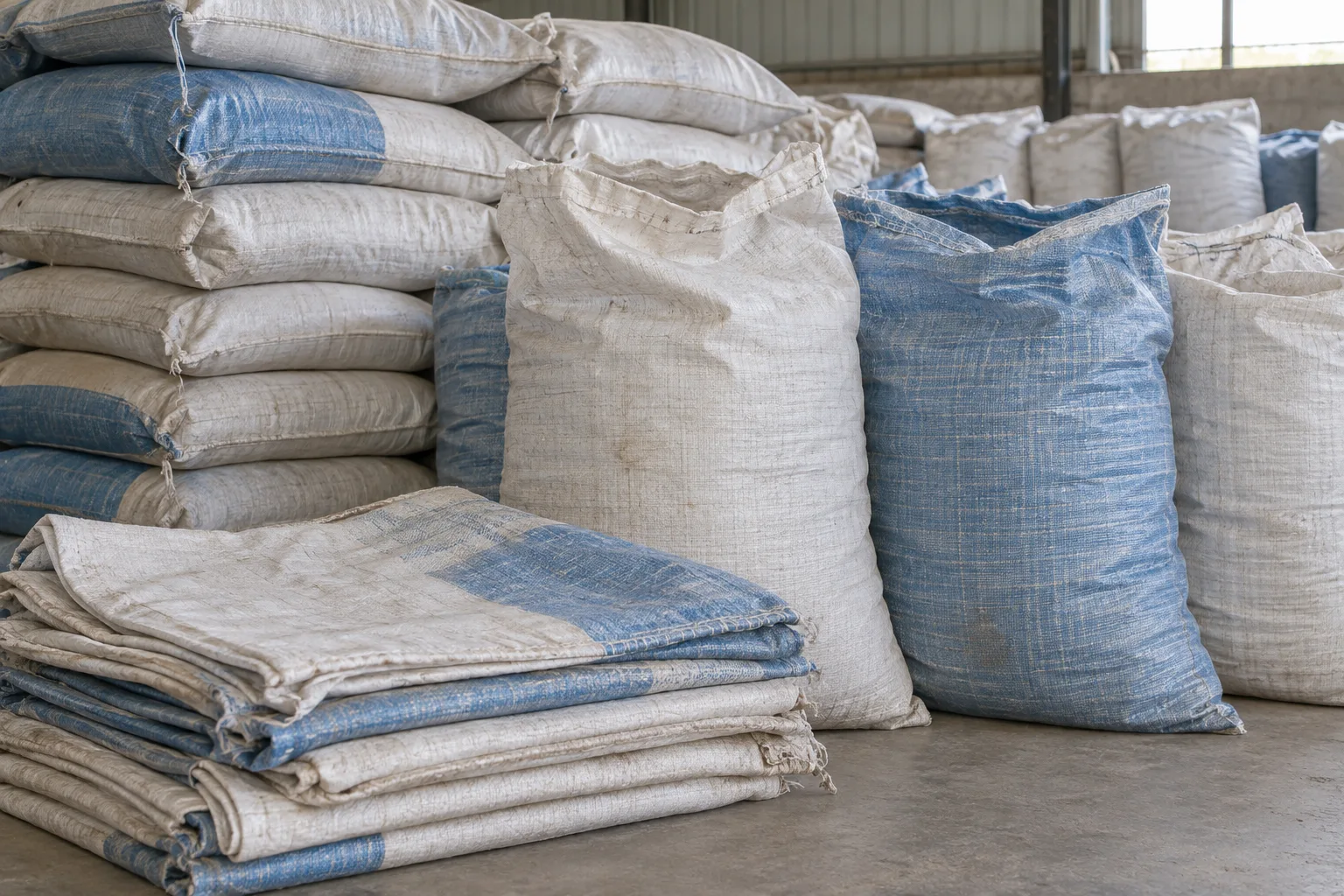 Used PP woven feed and grain sacks with visible crosshatched polypropylene texture