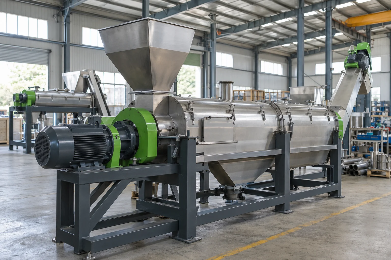 AI concept: Plastic recycling equipment in a generic assembly bay; not a verified Rayli factory photograph.