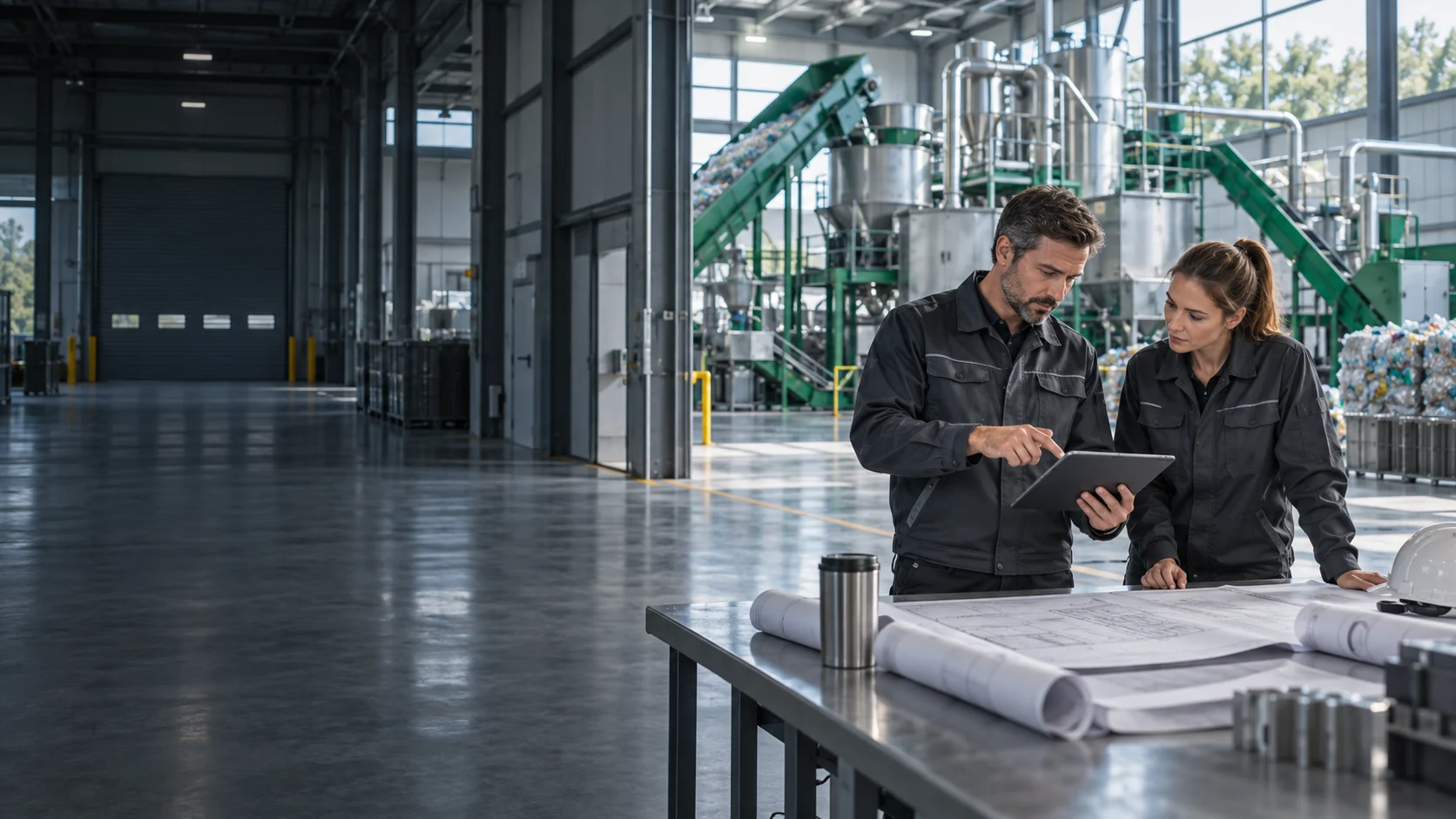 AI concept of engineers reviewing a recycling line plan; not a verified Rayli staff or facility photograph.