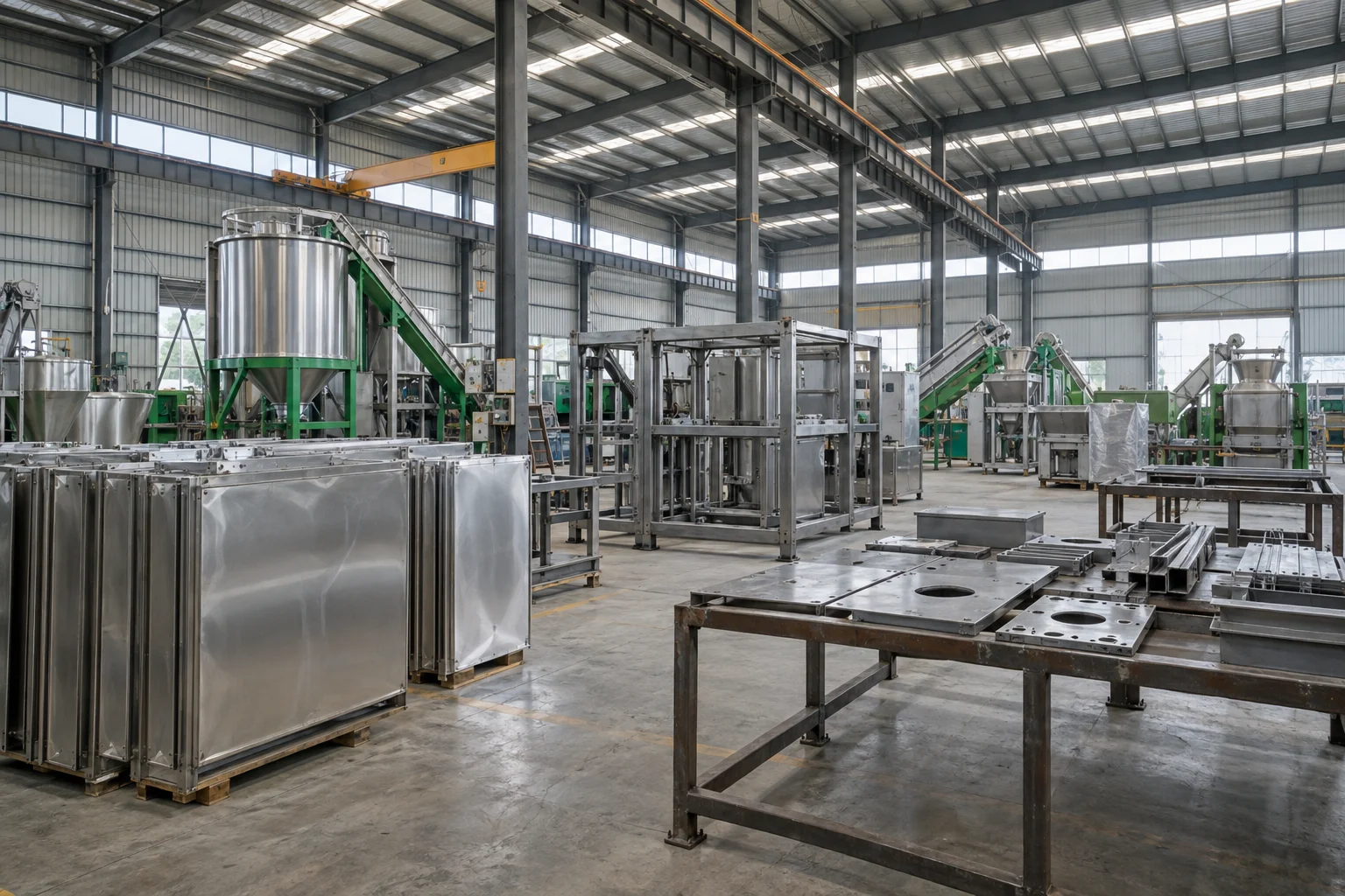 AI concept: Steel frames and components in a generic fabrication workshop; not a verified Rayli factory photograph.
