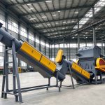 Plastic film recycling washing line, waste PP PE film crushing and washing recycling machine in factory workshop