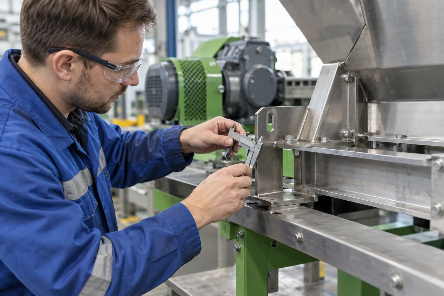 AI concept: Illustrative technician checking a stationary machine assembly; not a verified Rayli factory photograph.