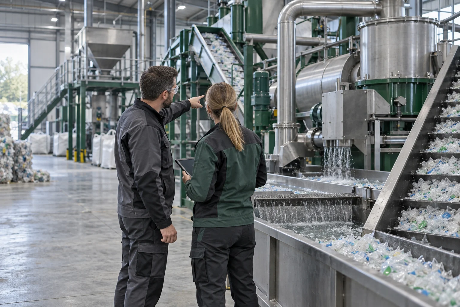 AI-generated concept illustration: Two engineers reviewing a plastic recycling line; not a verified Rayli service or customer-site photograph.