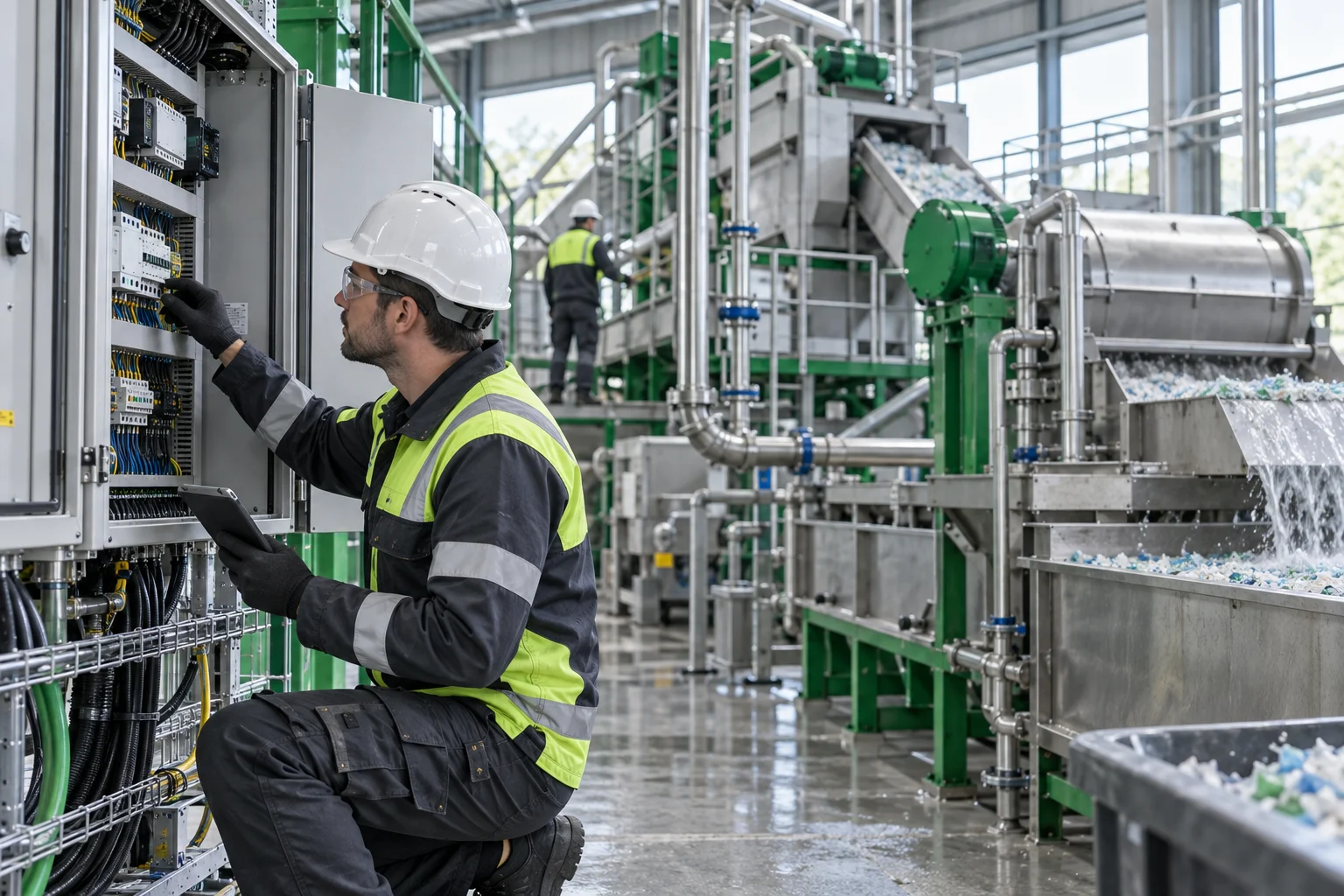 AI-generated concept illustration: A technician commissioning a plastic recycling line; not a verified Rayli service or customer-site photograph.