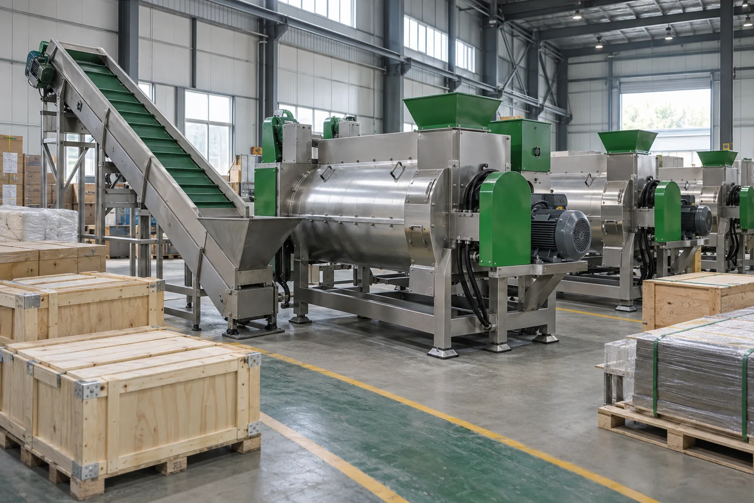 AI concept: Generic equipment preparation area with machines and shipment materials; not a verified Rayli factory photograph.